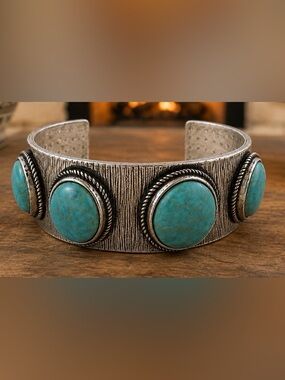 Silver Tone Turquoise Cuff Bracelet Boho Western Open Cuff Size